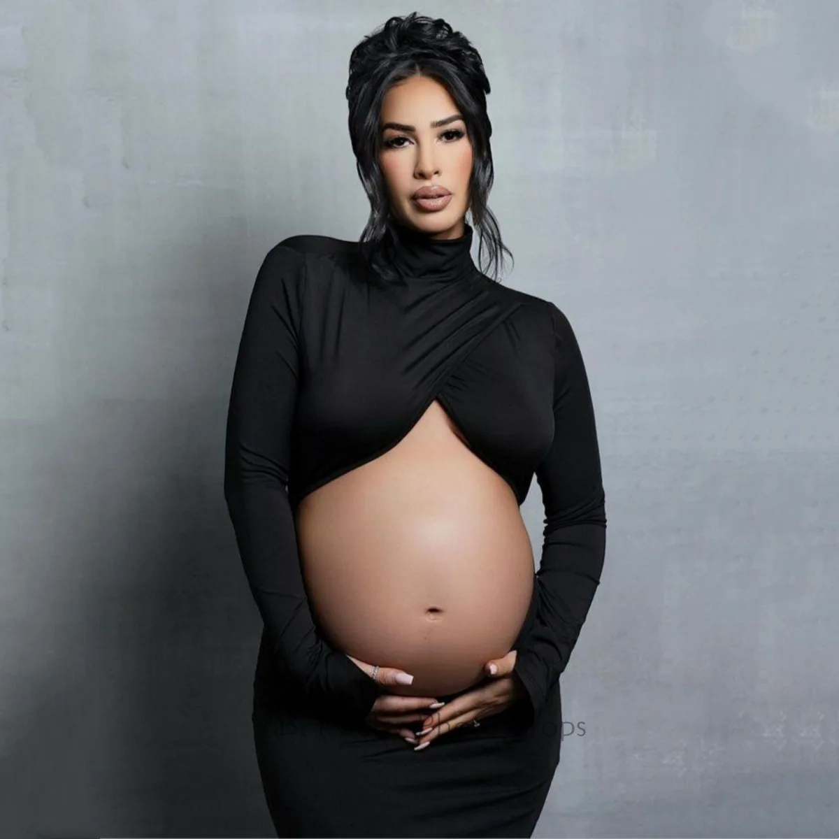 Slim Maternity Photography Dress Fish Tail High Neck Long Sleeve Sexy Hollow Out Navel Revealing Fit Bodycon Dress