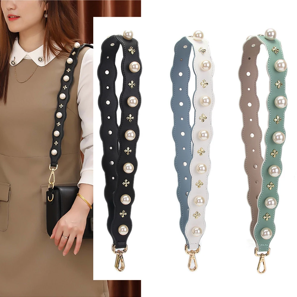 90cm Long Pearl Flower Leather Bag Strap Replacement for Women Handbag Handle Wide Belt Shoulder Crossbody Bag Strap DIY Сustom