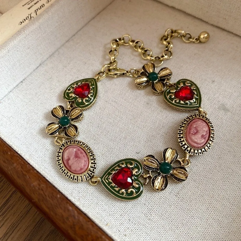 Court-style Vintage Metal Diamond-bordered Bohemia Collar Chain Exquisite Flower and Heart Bracelet Earrings Jewelry Women's