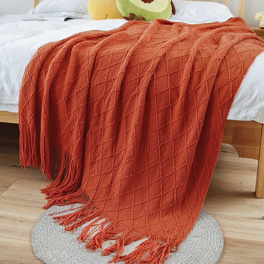 Orange Knitted Throw Blanket with Tassels Oversized Gift Blanket Vintage Decorative Boho Farmhouse Lightweight Travel Blankets