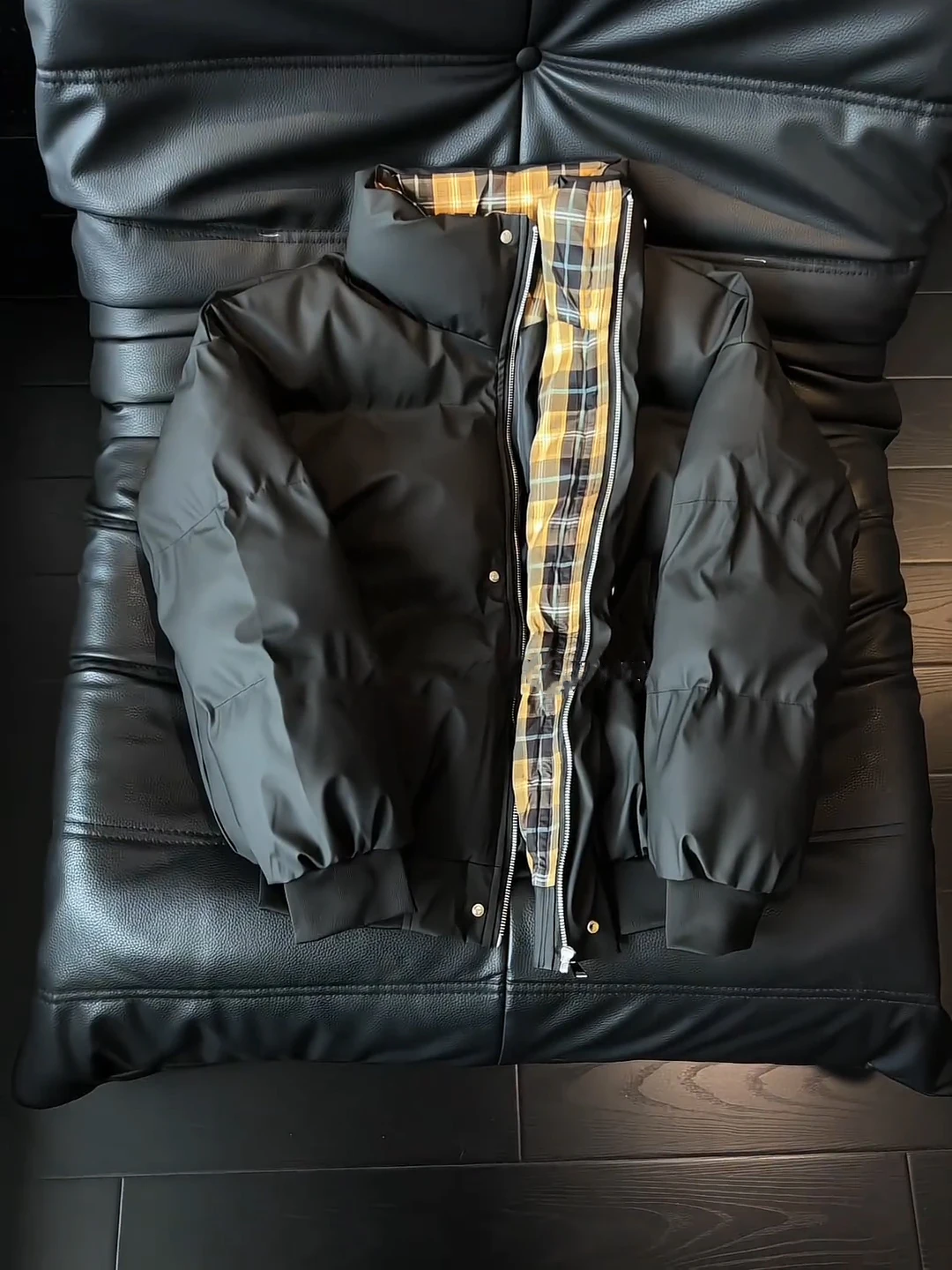 

Bla Plaid Spliced Stand Collar Cotton Jaet Men's Winter American Retro PU Leather Coat ort Boxy ape Cotton Clothes