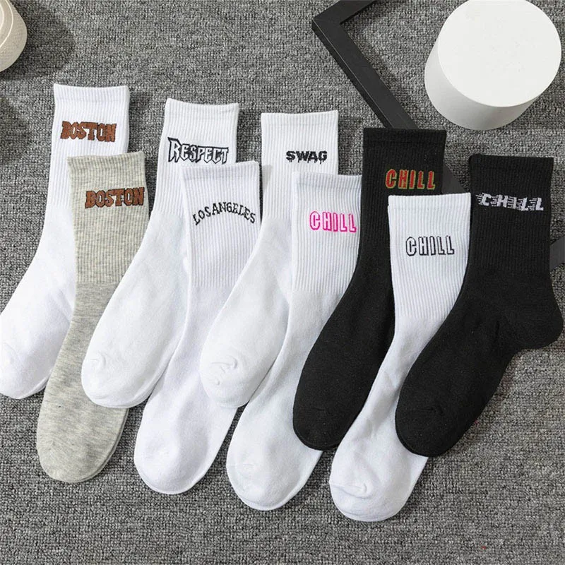 Women Cotton Socks New Letter Jacquard Fashion Trend Personalized Street Hip Hop Art Character Ladies Crew Socks I107