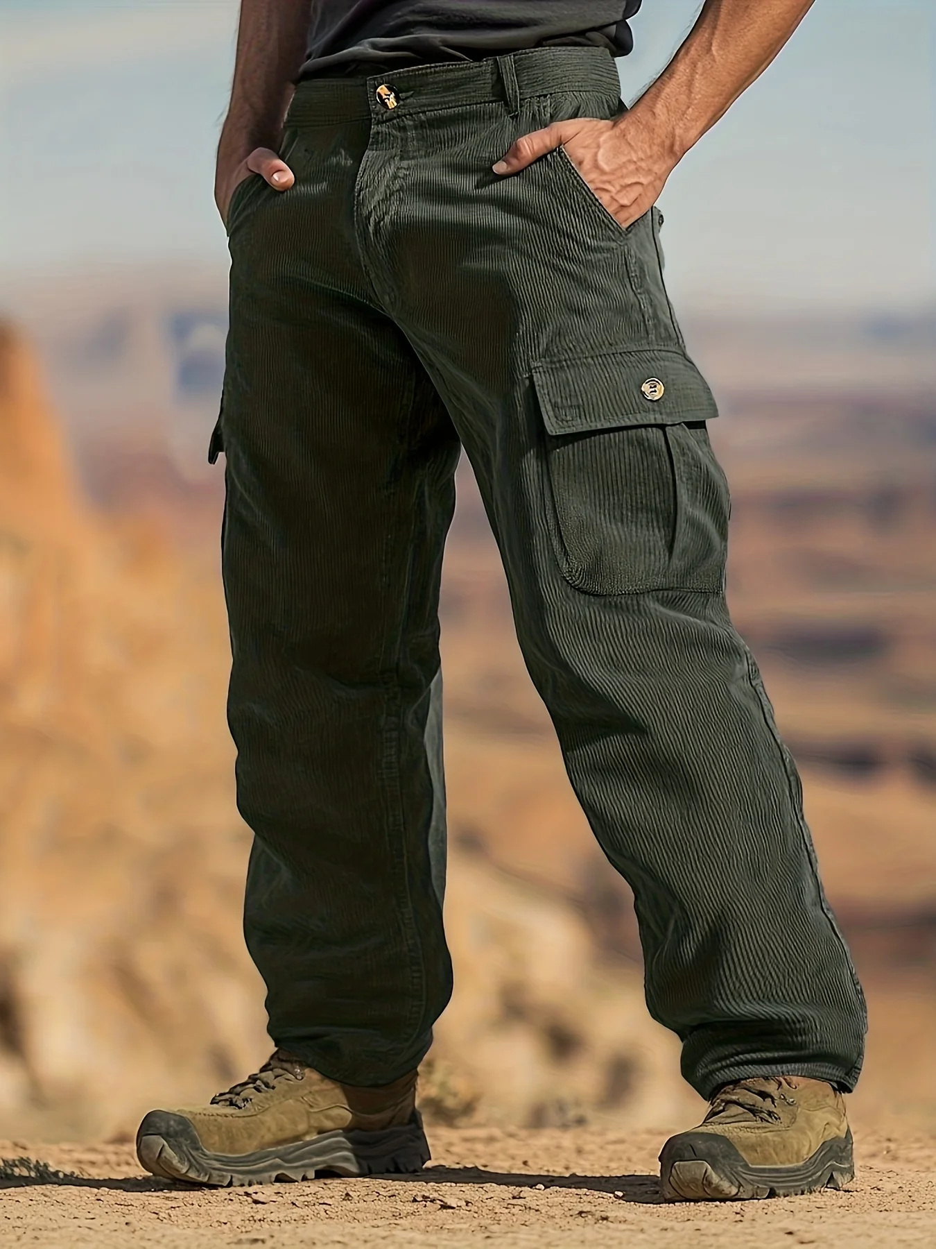 Men's Vintage Corduroy Cargo Pants Straight Leg Multi Button Flap Pockets Casual Outdoor Workwear Retro Loose Fit Trousers