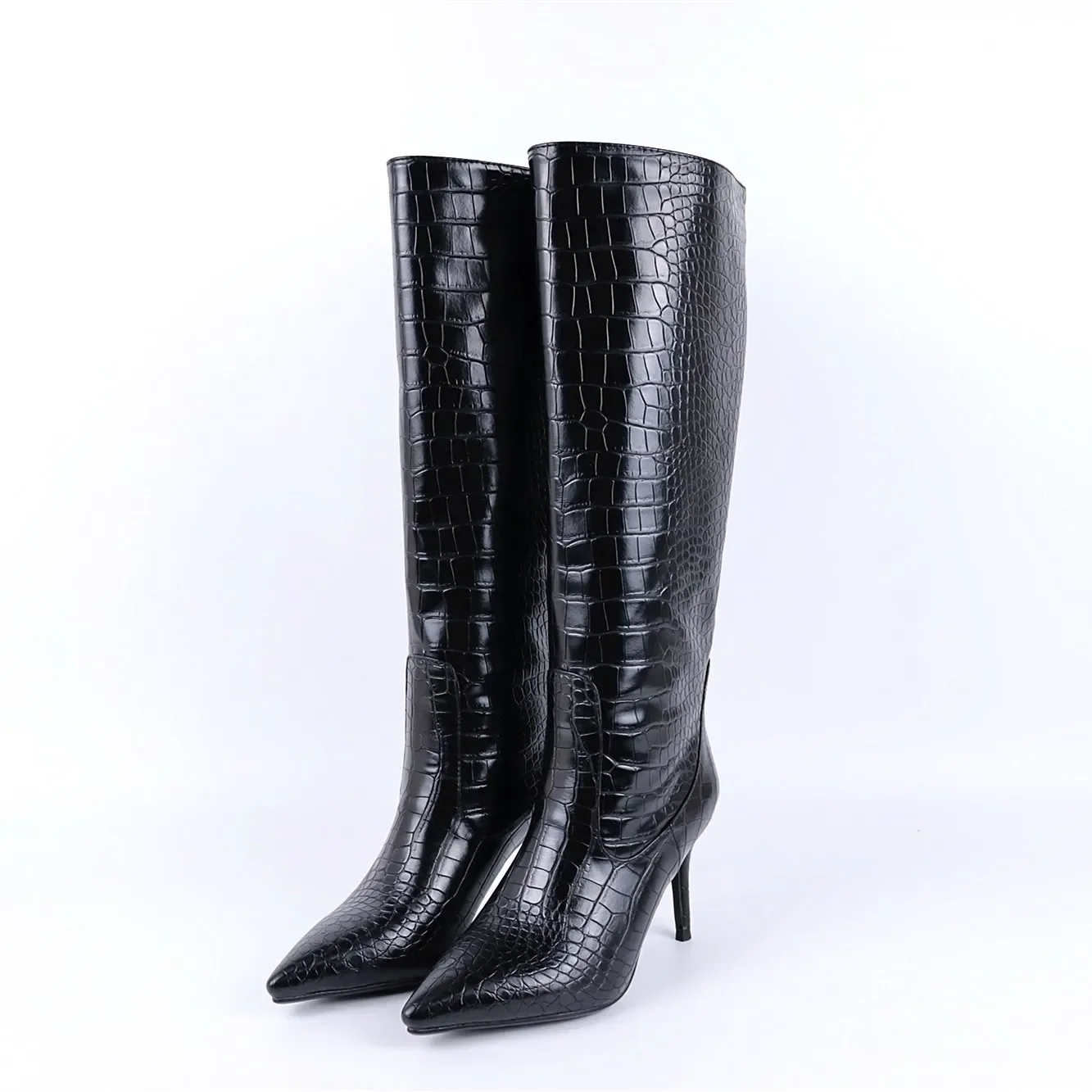 Dropshipping Street Style Crocodile Knight Boots Pointed Toe Stiletto Height Slim Plus Size Leg Boots Chelsea Women's Boots 43