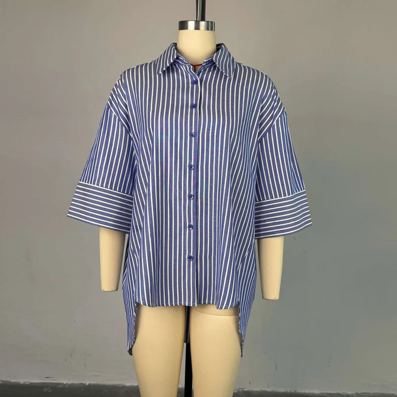 슬레기리 여성용 패셔너블 블루 스트라이프 버튼다운 셔츠 2025 여름 3/4 소매 턴다운 칼라 루즈 캐주얼 하이 로우 탑