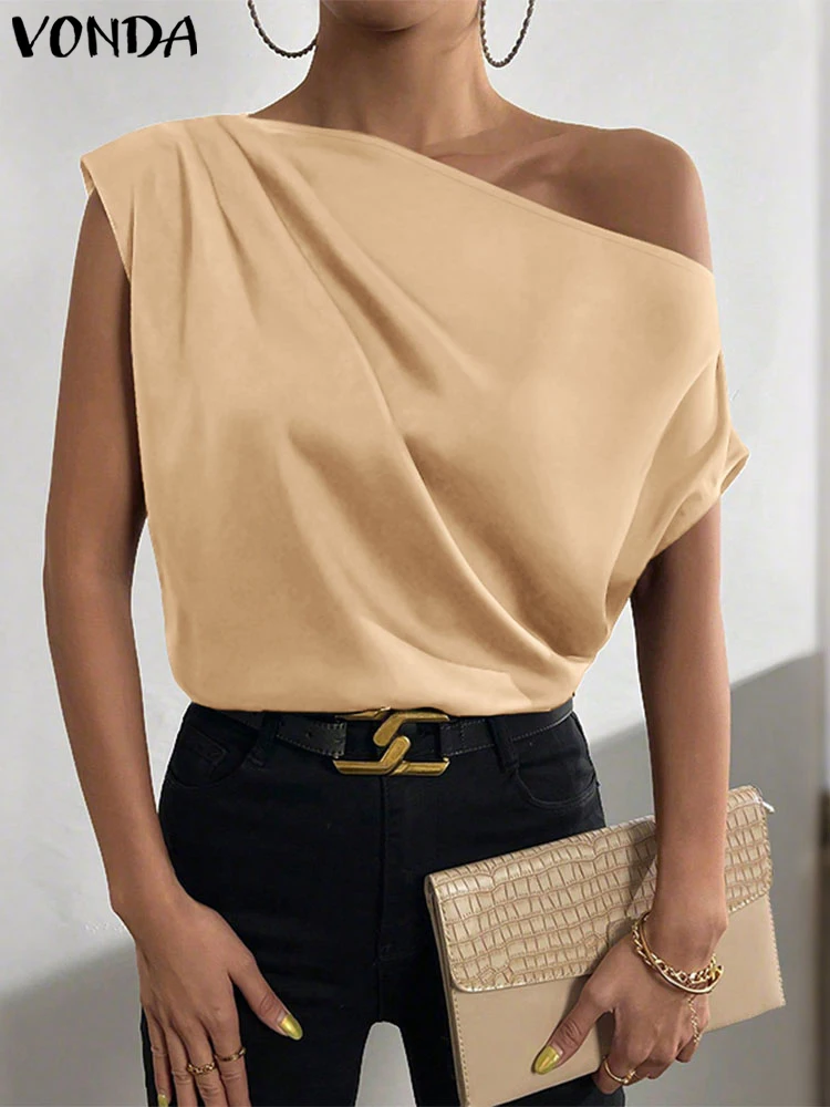 VONDA Elegant Summer Office Lady Blouse Women Satin Silk Shirts 2025 Off Shoulder Solid Tunic Tops Short Sleeve Pleated Blusas