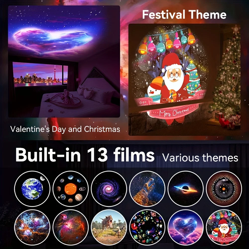 13 Film Patterns HD Dynamic Space Ball Projector Night Light RGB Dimmable Star Sky Christmas Projector for Bedroom Birthday Gift