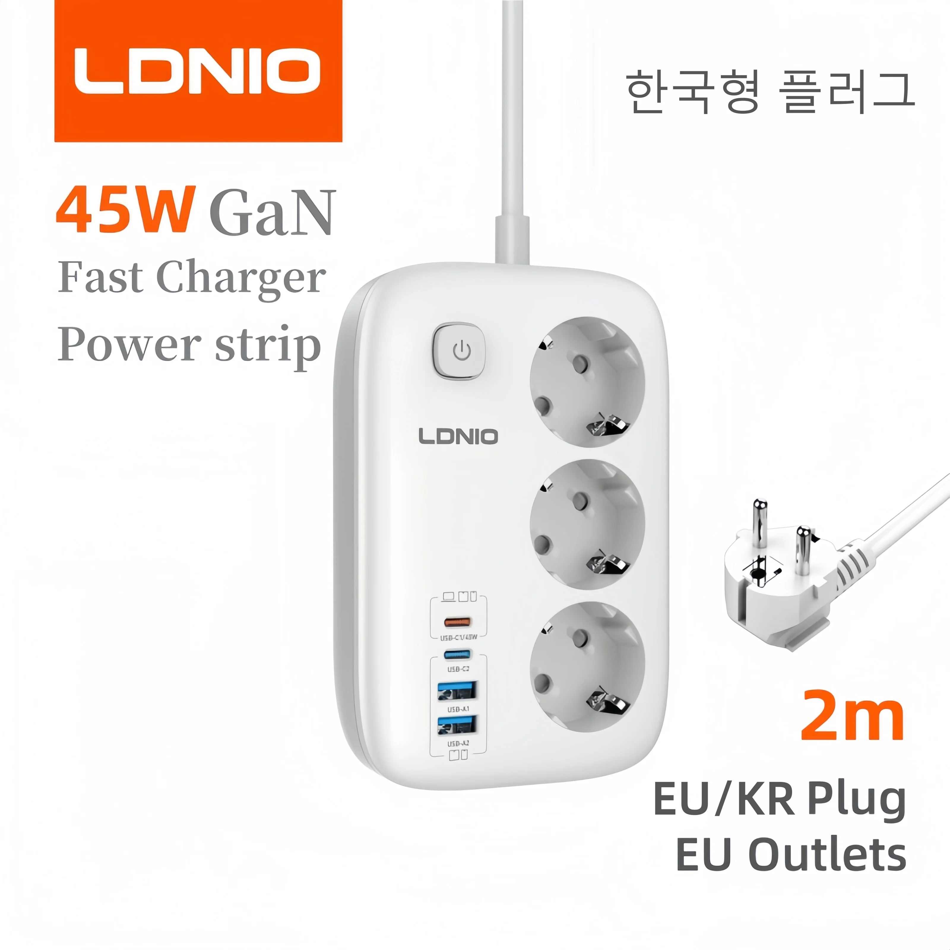 LDNIO Universele Stekkerdoos 3250W EU UK US Stekker 45W PD Snellader 3 Stopcontacten 2M Verlengsnoer voor Laptop Telefoon Opladen