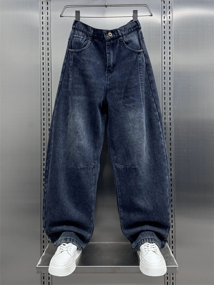 

American Style Fleece Lined Men's Jeans Loose Wide Leg Straight Cut Trousers Trendy Brand Knife Pants