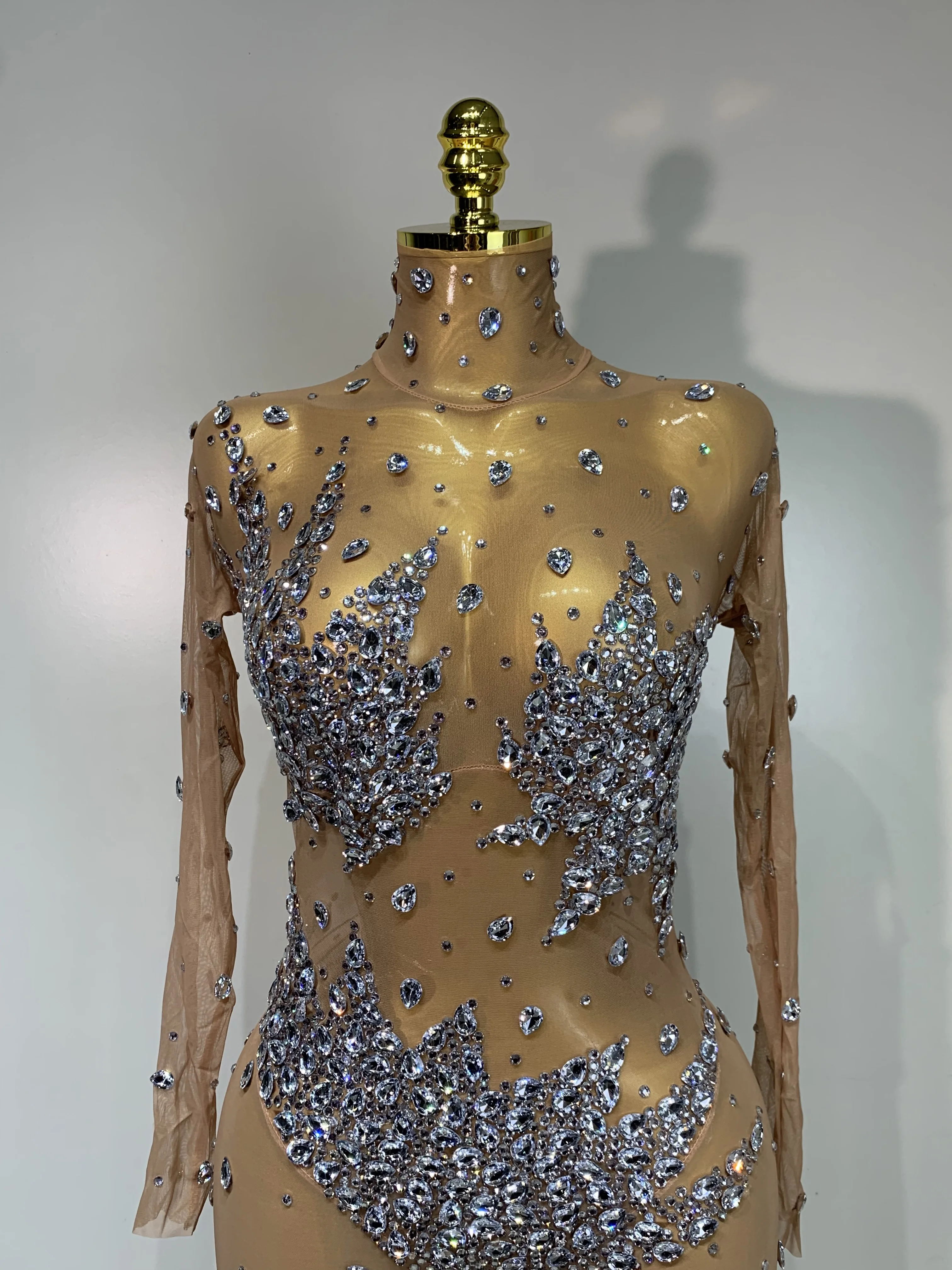 Mono ajustado transparente de malla con diamantes de imitación brillantes para mujer, disfraz de escenario actuación, fiesta en club nocturno, traje de cumpleaños de lujo