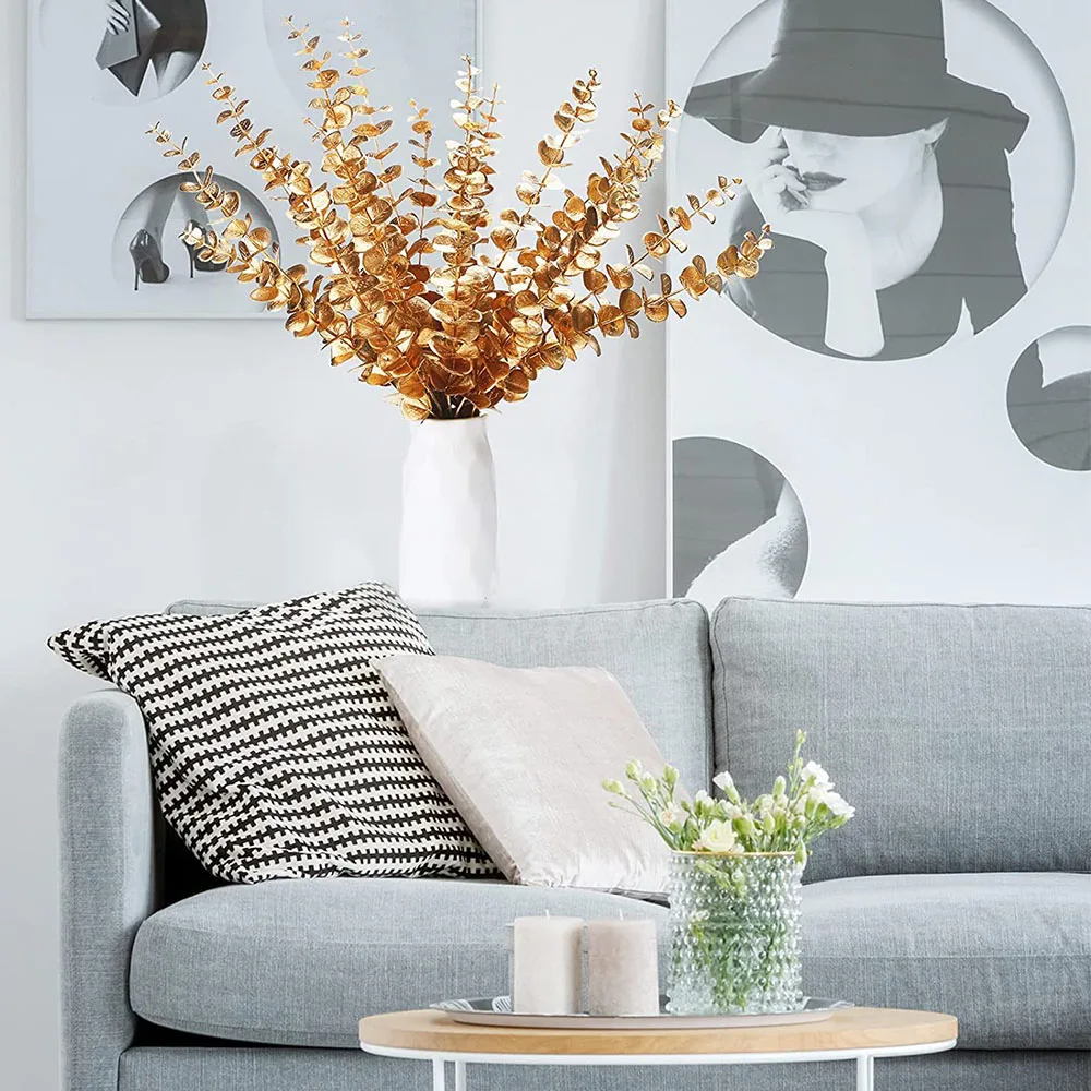 20/40pcsLot الذهب الاصطناعي الجذعية فرع الأوكالبتوس النباتات الاصطناعية لزهرة الزفاف ترتيب الخضرة ديكور المنزل #5