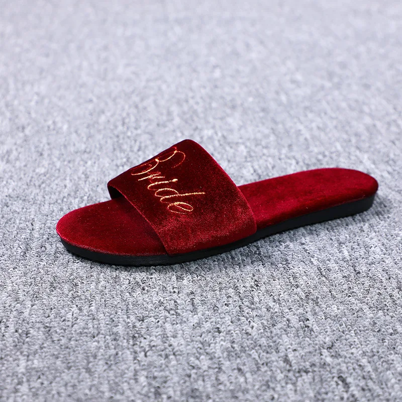 Autumn Winter Velvet Women Slippers Embroidery Bride Bridesmaid Wedding Flat Slippers Summer Shoes Sandal Zapatos De Mujer