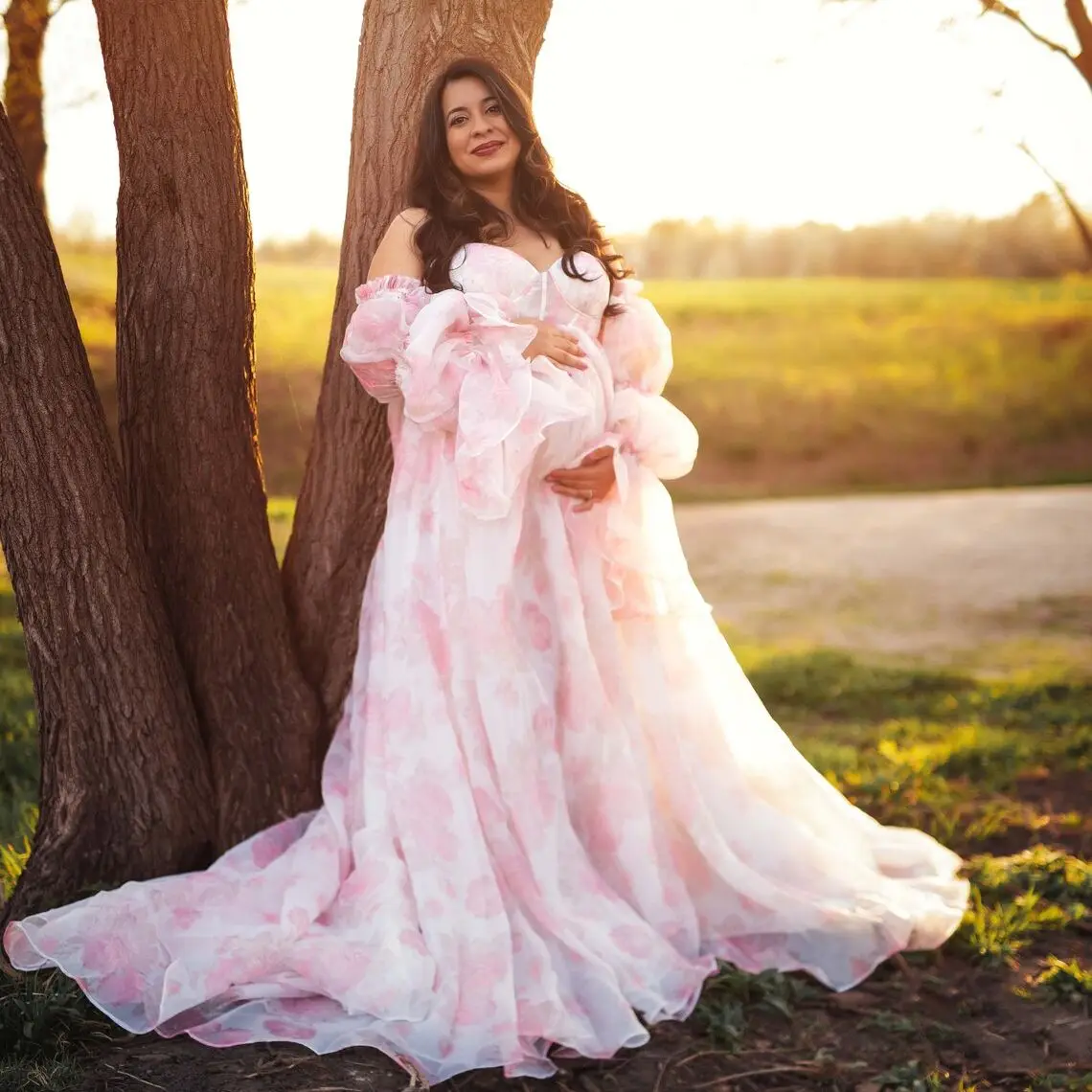 Pink Organza Maternity Dress for Babyshower Off Shoulder Long Sleeves Prom Dress Customized  Illusion Vestidos for Prengnancy