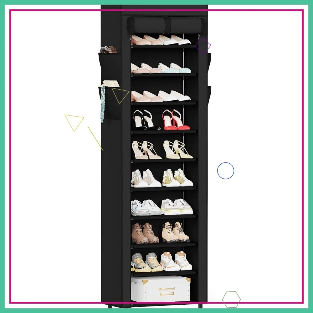 

10-ярусный высокий органайзер для обуви с чехлом и 4 боковыми карманами, вмещает 18-22 пары, для прихожей/гардеробной