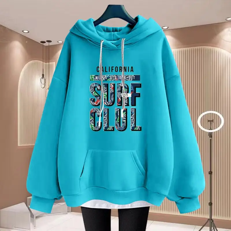 Frauen Hoodies Winter Warme Fleece Übergroßen Pullover Weibliche Beiläufige Lose Taschen Mit Kapuze Sweatshirts Chic Brief Gedruckt Pullover