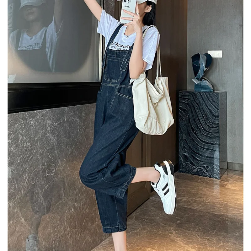 Korean Version of The Popular High-waisted Denim Overalls Women\'s New Loose and Thin Dark Blue Fashion Versatile Jeans Jumpsuit