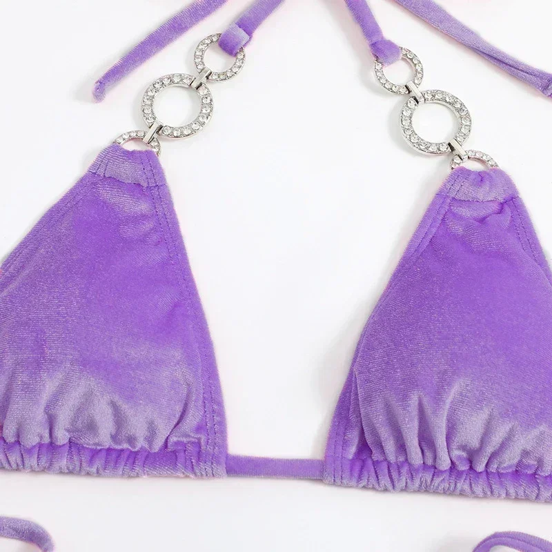 مثير مايكرو الرسن الأرجواني المخملية البيكينيات مجموعة Mujer سلسلة ثونغ ملابس السباحة النساء الاستحمام لباس سباحة بيكيني Biquinis