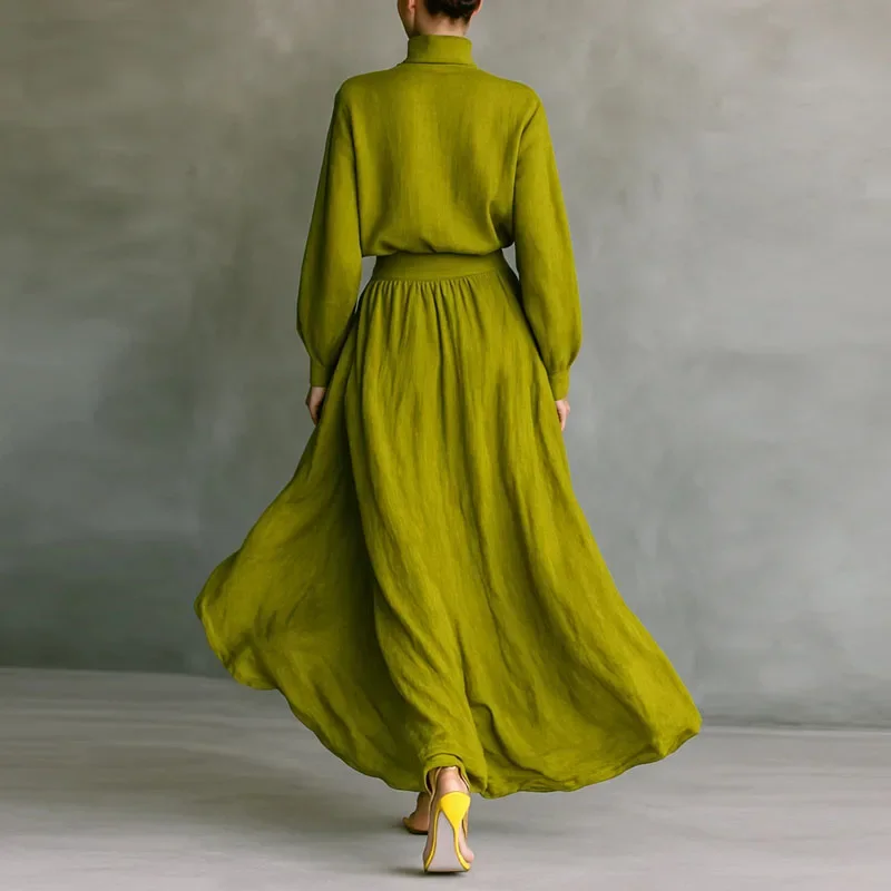 Herfst lange mouw coltrui top trui + maxi rokken 2-delige sets retro effen katoen linnen geplooid pak mode vrouw outfits