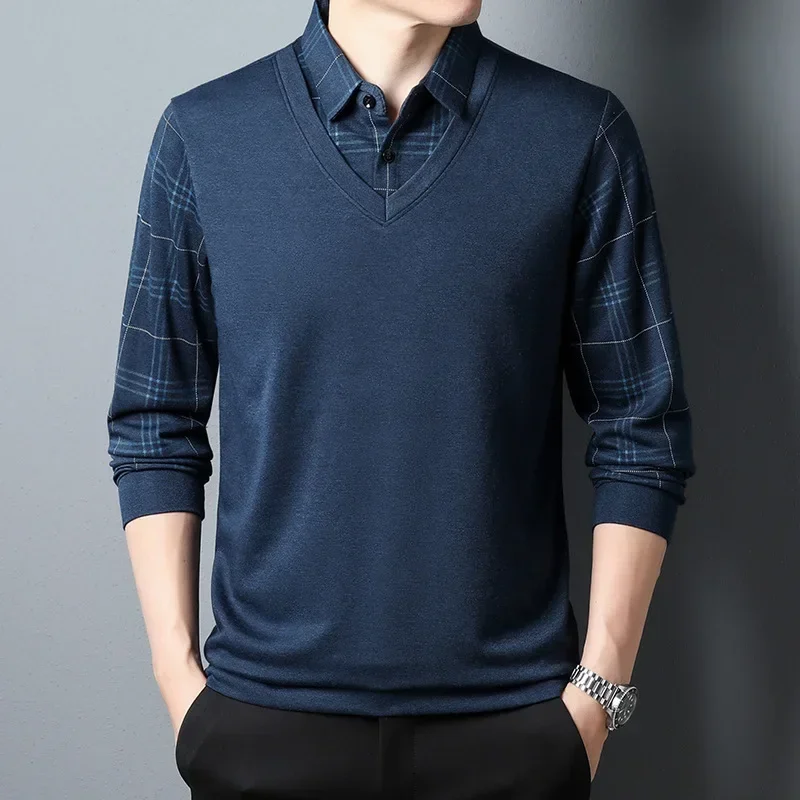 New Spring And Autumn Long-sleeved T-shirts Men's Sweater Fake Two-piece Shirts Collar Male V-neck Bottoming Shirt Top