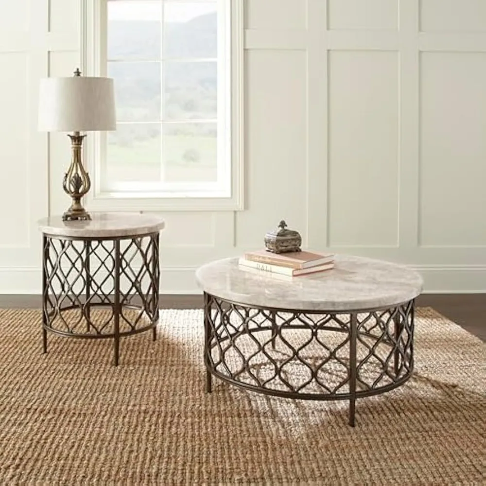 가구 롤랜드 라운드 대리석 커피 테이블, 36인치 라운드 커피 테이블, 청동 금속 베이스, 현대적인 디자인, 거실 Ro