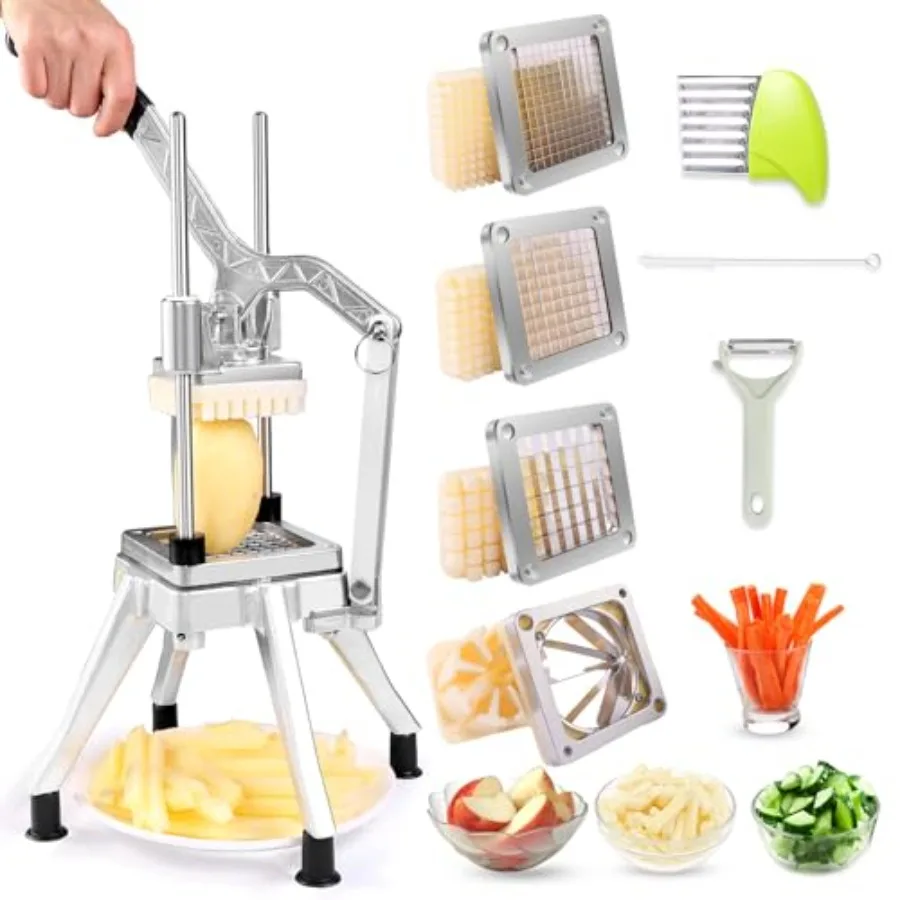 

Commercial French Fry Cutter for Potato Onion Cabbage Carrots Mushroom Stainless Steel Vegetable Dicer with 4 Blades 1/4 3/8 1/