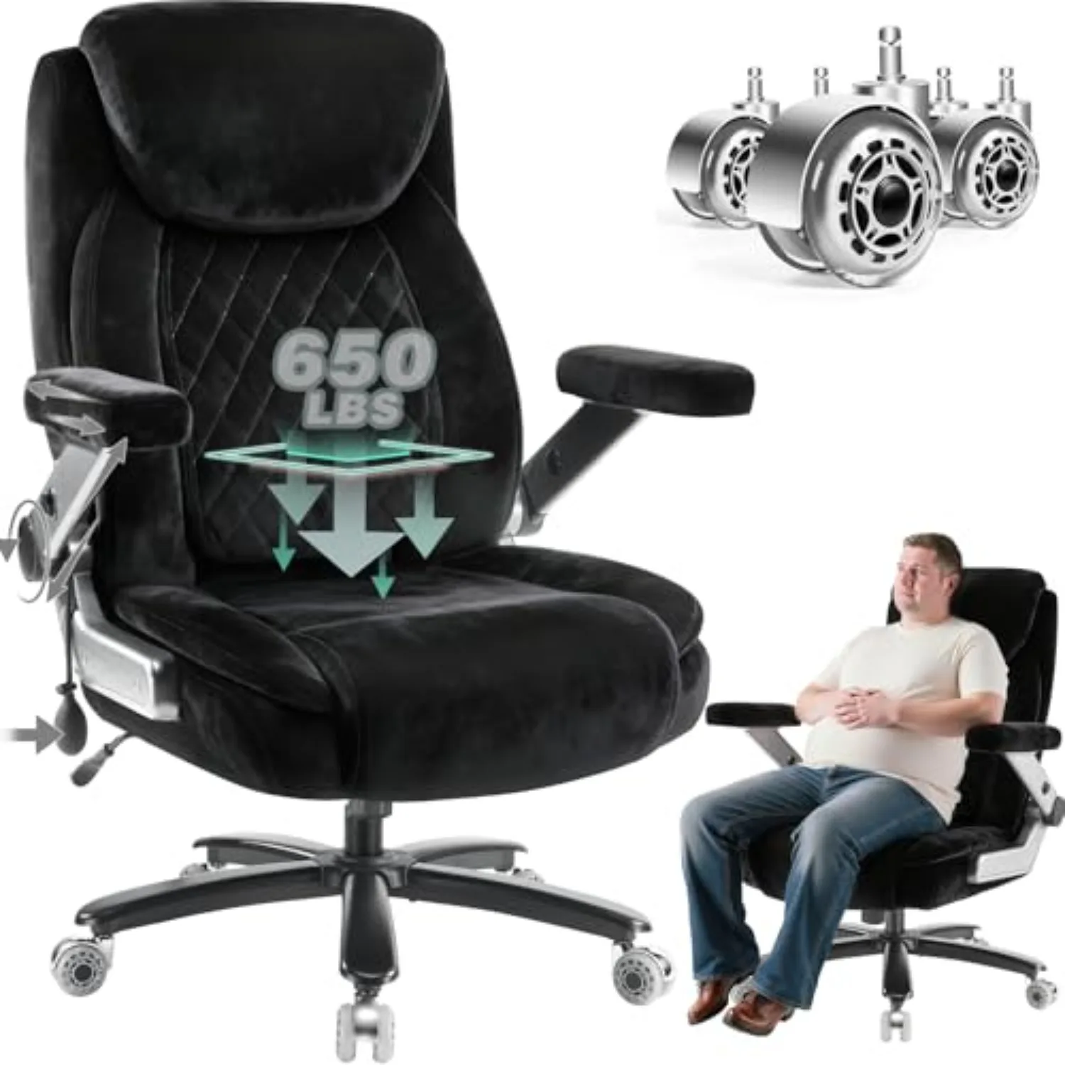 650LBS Fabric Heavy Duty Office Chair with 5D Flip Arms,Comfy Big and Tall Executive Office Desk Chair with Pocket
