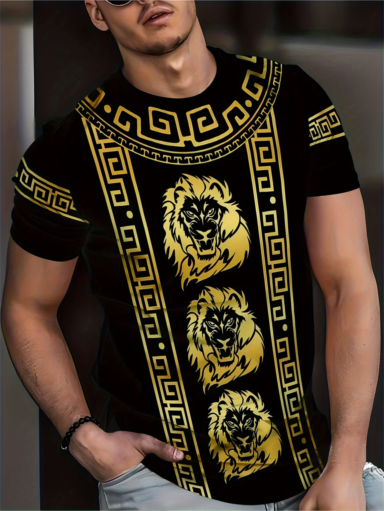 Luxury Men\'s T-Shirt Animal Tees Gold Lion 3d Print Short Sleeved T-Shirt Summer Casual Men\'s Clothing Oversized European Tops