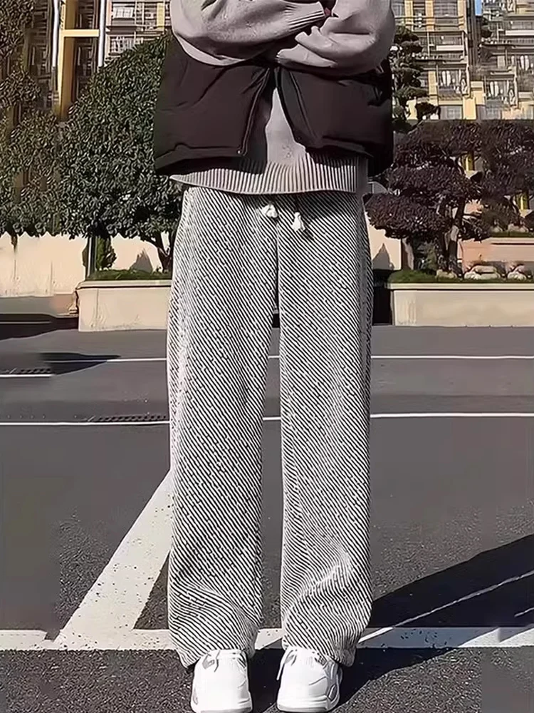 

American Sle Fce Lined Men's Casual Pants Autumn Winter High End Slant Stripe Sweatpants Draped Lazy Sle Long Trousers
