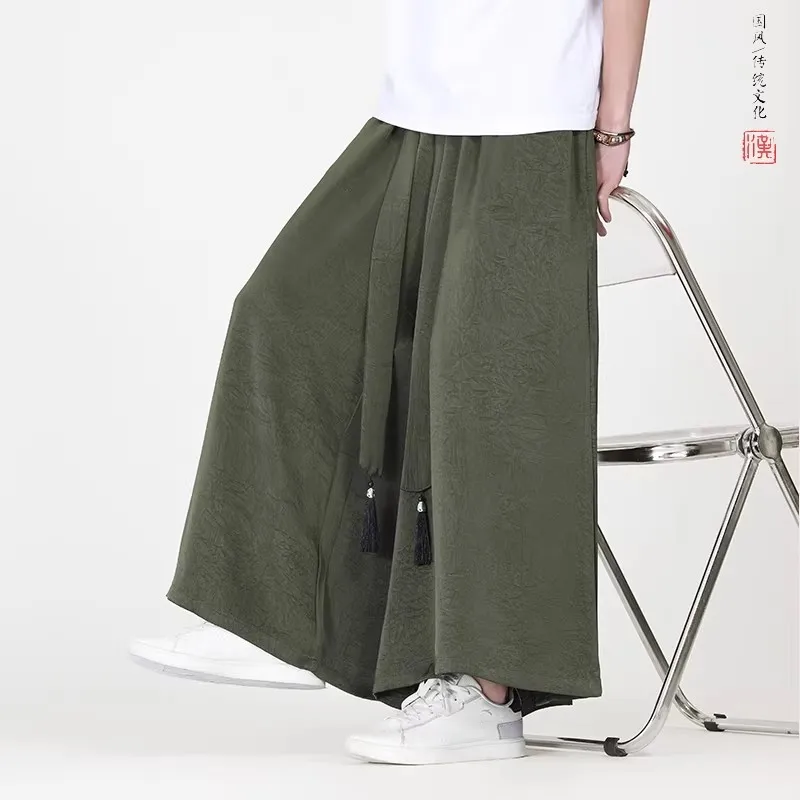 Summer Men Ice Silk Casual Bottoms Men Chinese Style Wide Pants Male Loose Trendy Bell Baggy Designer Pants Man Harajuku Pants