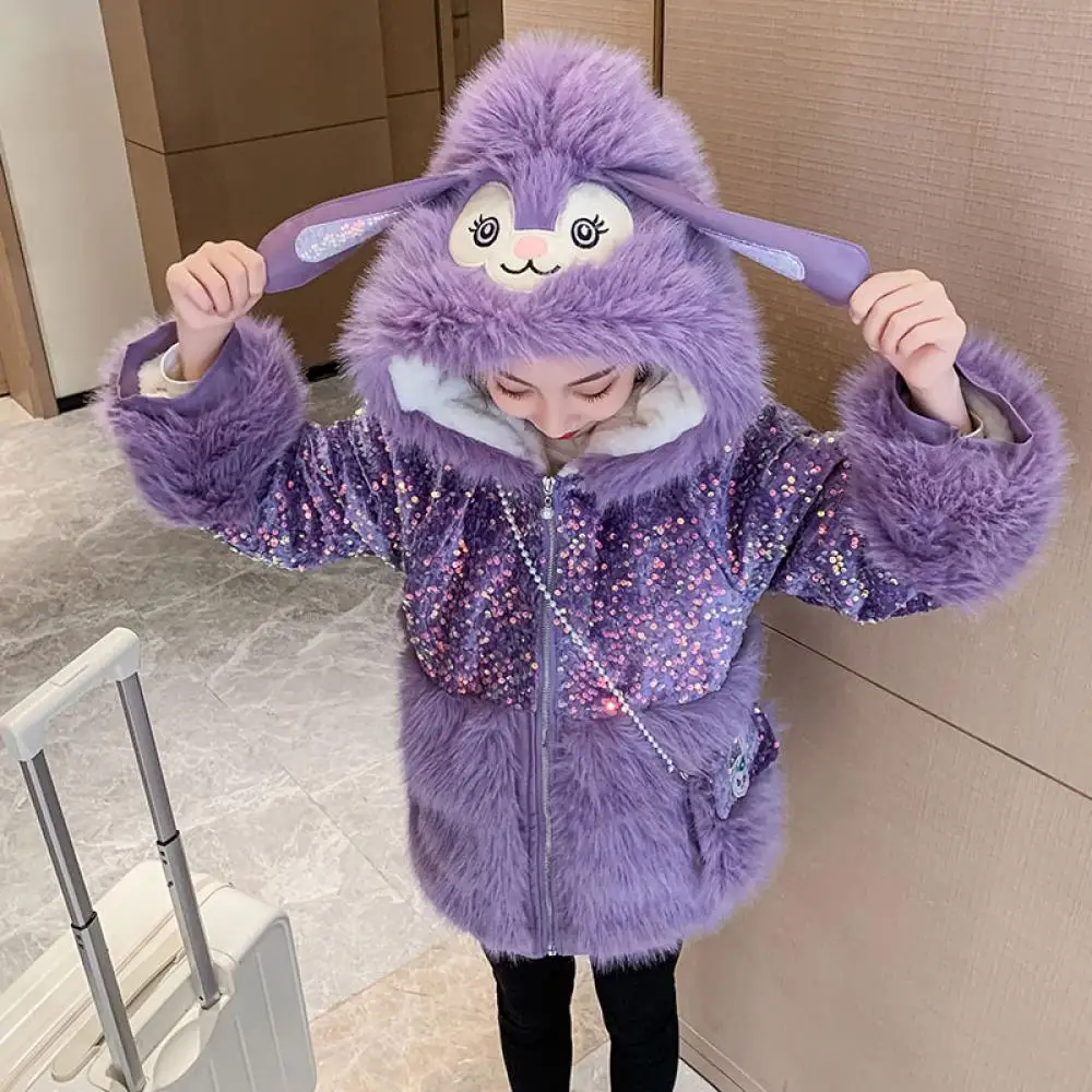 

Детское пальто Stellalous Linabell из искусственного меха, плюшевая куртка Kawaii, зимняя новая модная стеганая куртка с капюшоном и блестками, утепленная теплая верхняя одежда