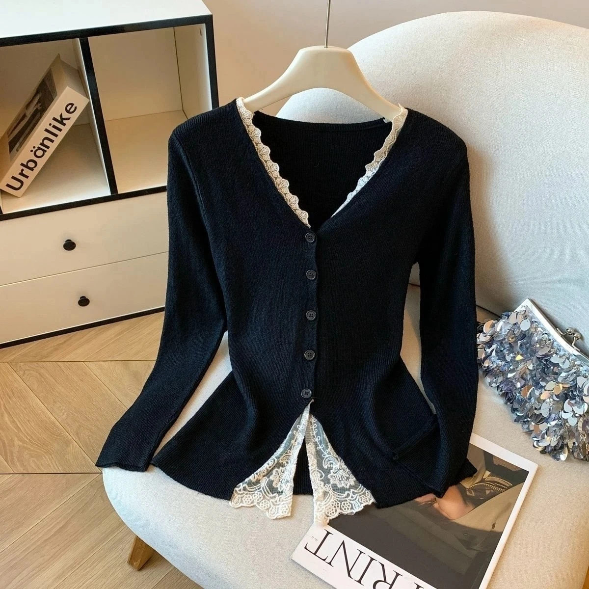 

Ele Lace Splice V-Ne Women's Open Cardigan Winter New Design Slim Fit Inner Sweater Commute Sle Korean Version