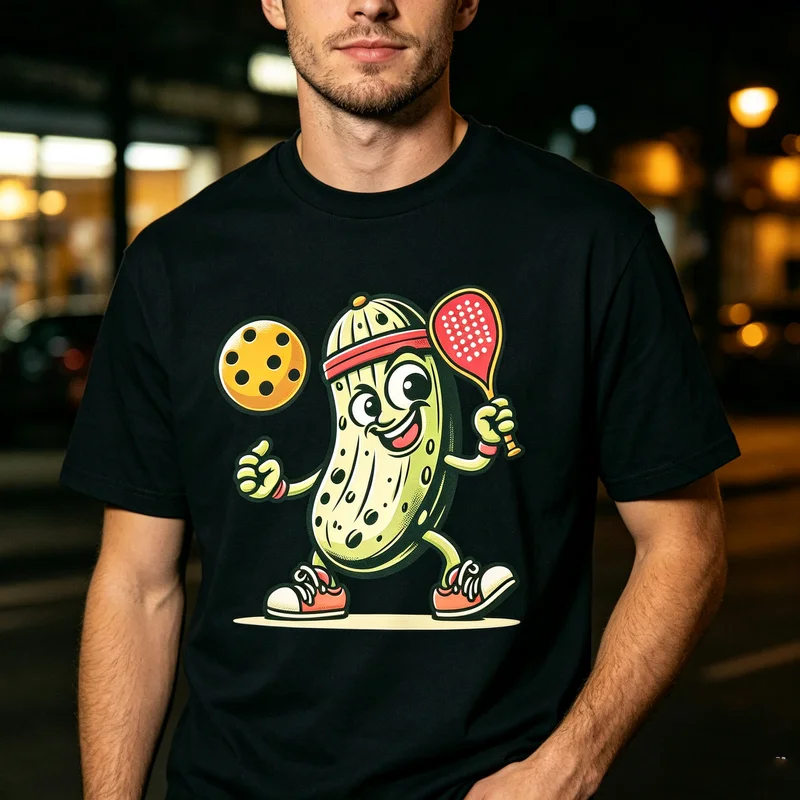Cartoon Pickle Pickleball Athlete Graphic T Shirt Funny Vegetable Mascot Tee Hobby Enthusiast Casual Cotton  Men Women