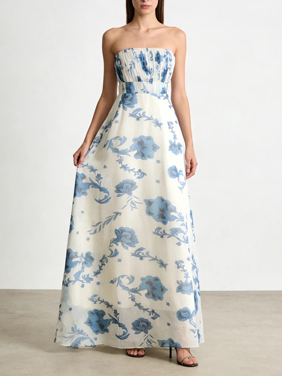 TWOTWINSTYLE Slimming Printing Spliced Shirring Long Dresses for Women Strapless Sleeveless High Waist Basics Dress Female New