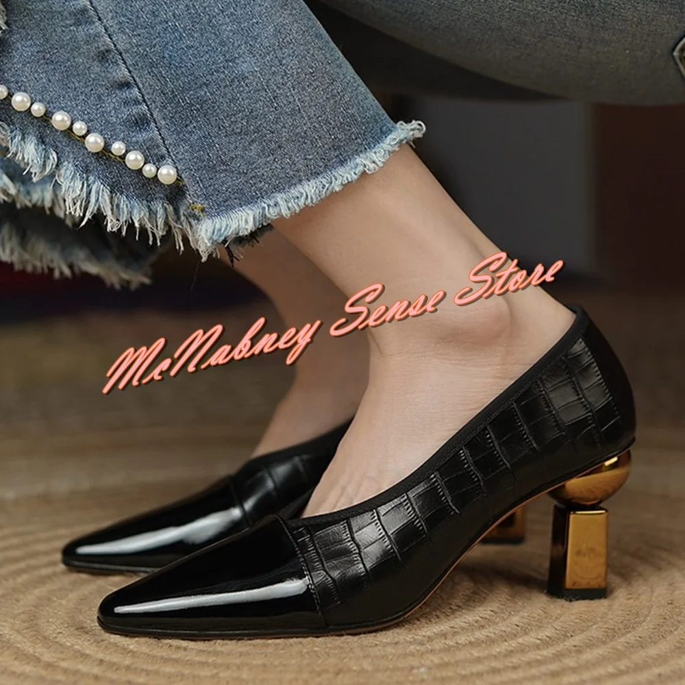 Metal Strange Style Heels Pumps Shallow Patchwork Slip On Women Pumps Office Shoes Pointy Toe New Spring Party Real Leather Shoe