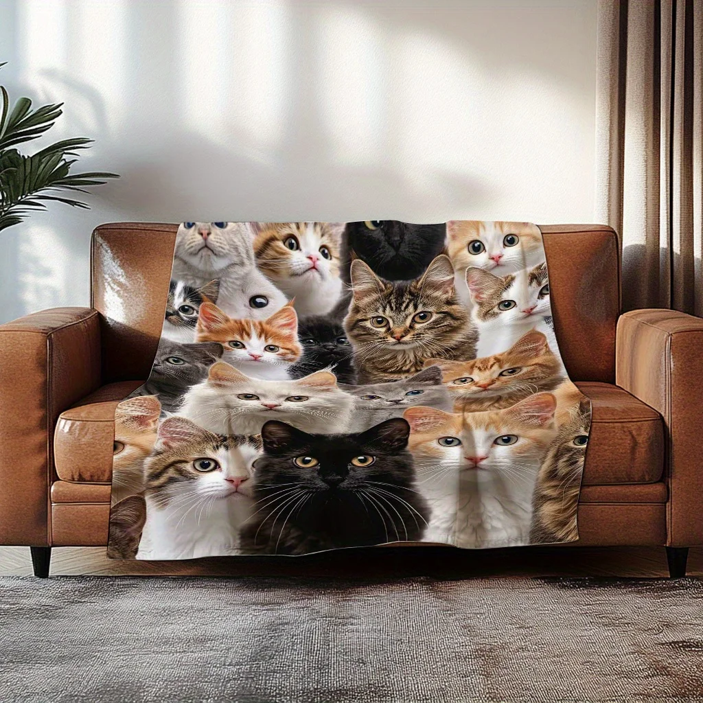 Cute Cats Fleece Blanket 3D Cat Faces Design Soft Cozy Throw Home Decor for Living Room or Bedroom Gift for Cat Lovers60x80