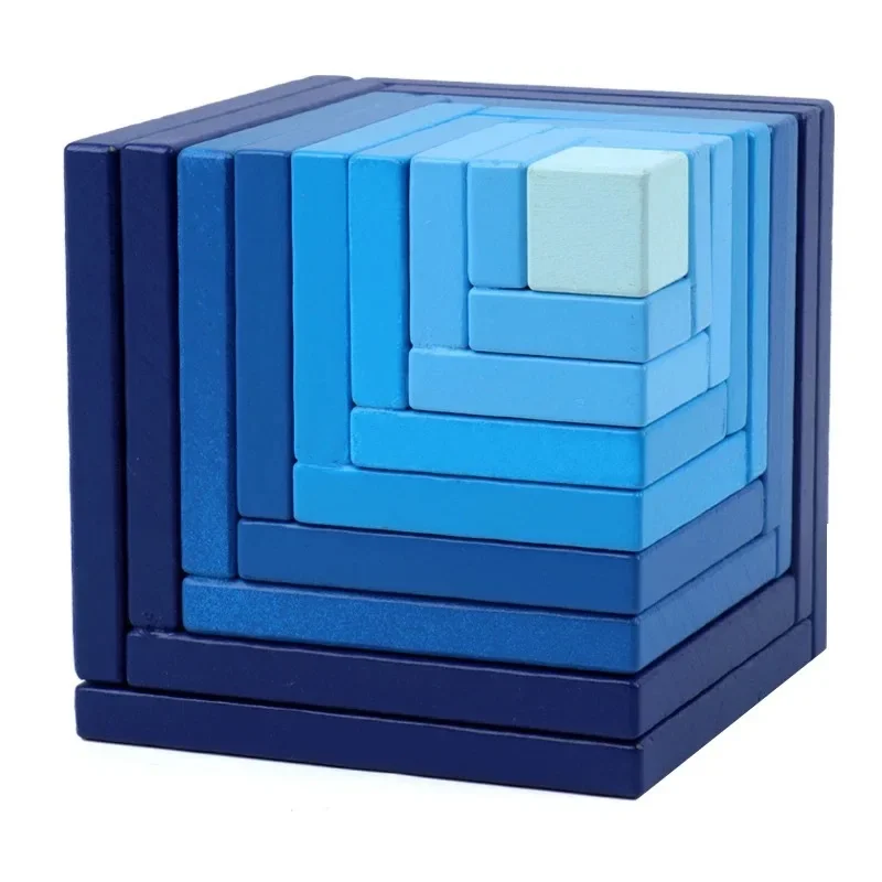 Other Children High quality wooden toy box blue cube box montessori educational toy baby rainbow building blocks box toys