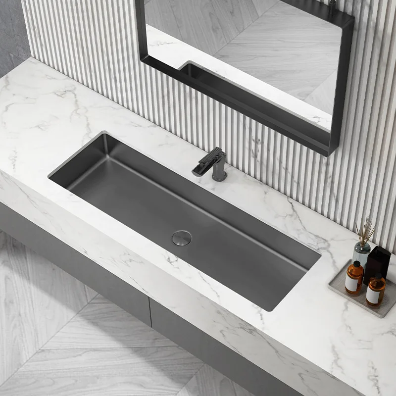 

Popular Design SUS304 Stainless steel Bathroom sink High Quality 1000*300*120mm Washbasin Hand basin Black Luxury Lavabo