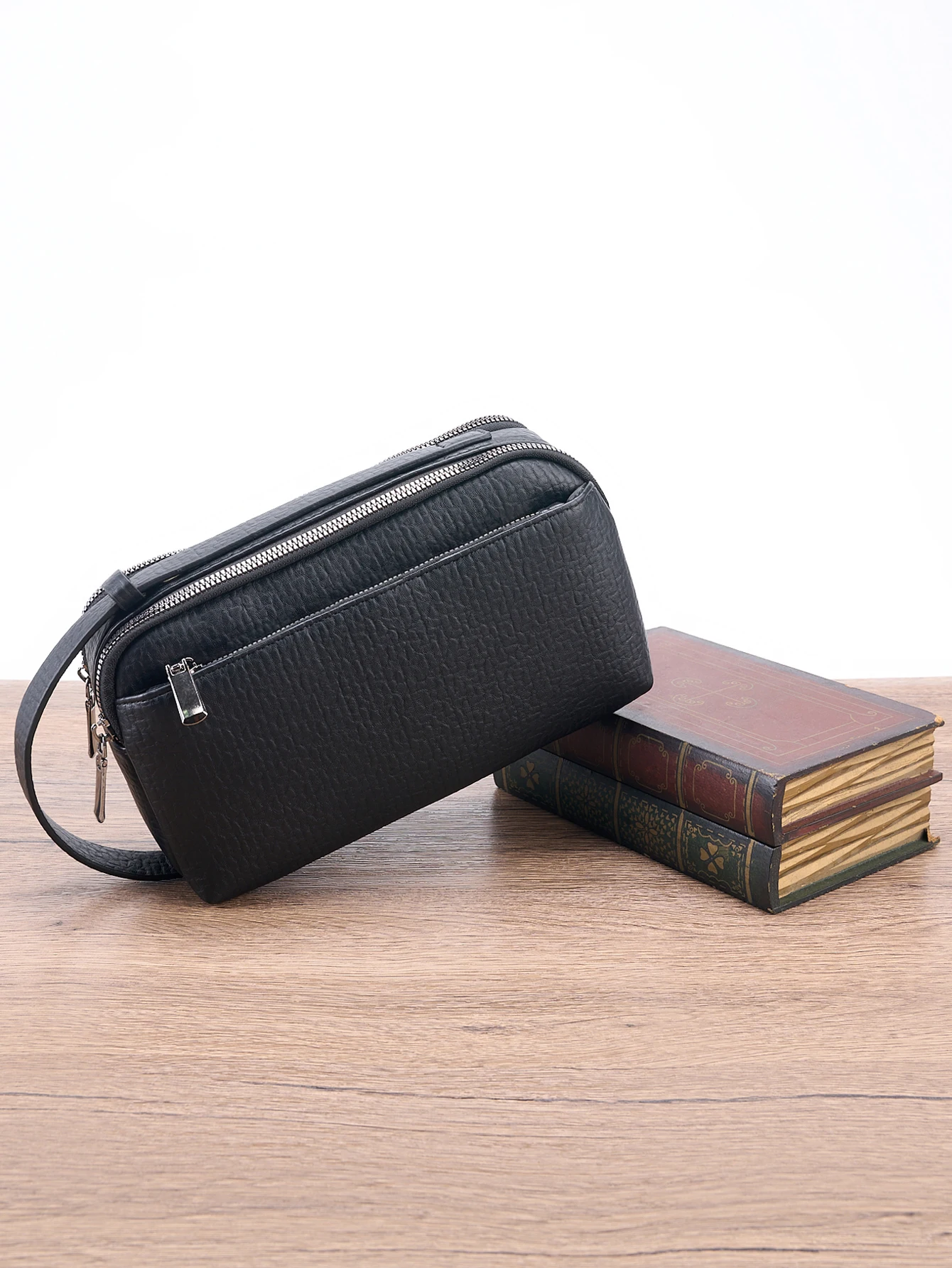 Portadocumentos de negocios ligero de PU para hombre, bolso de viaje con correa para la muñeca desmontable, compartimento para teléfono de acceso rápido