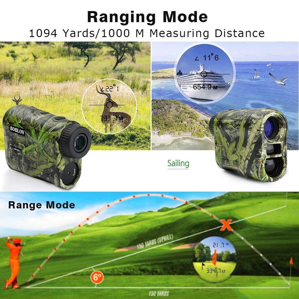 Boblov laser rangefinder inclinação medidor de distância a laser golfe esporte caça pesquisa fita laser medida range finder 1000m com caso