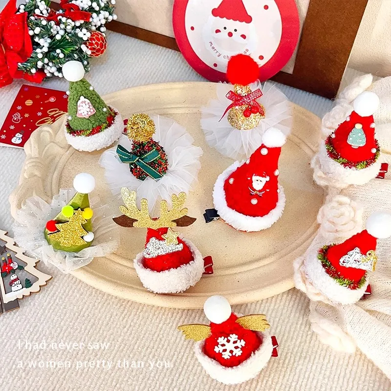 Christmas Cute Cartoon Hat Hair Clips For Girls Lovely Hair Ornament Hairpin Barrette Hairgrip Children Party Hair Accessories