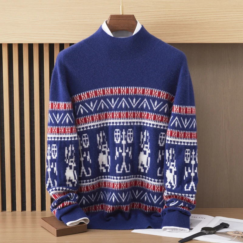 

Men's New Nordic Style Knitted Sweater Autumn Winter Thick Half High Collar Pullover 100% Cashmere Jacquard Warm Men's Clothing