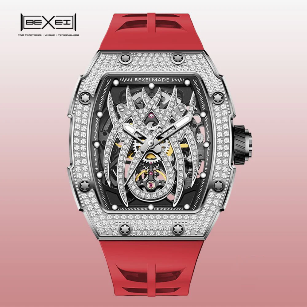 

BEXEI Automatic Mechanical watches for men Inlaid zircon Luxury Barrel shaped Sapphire Luminous waterproof 80 Hours Power 9163