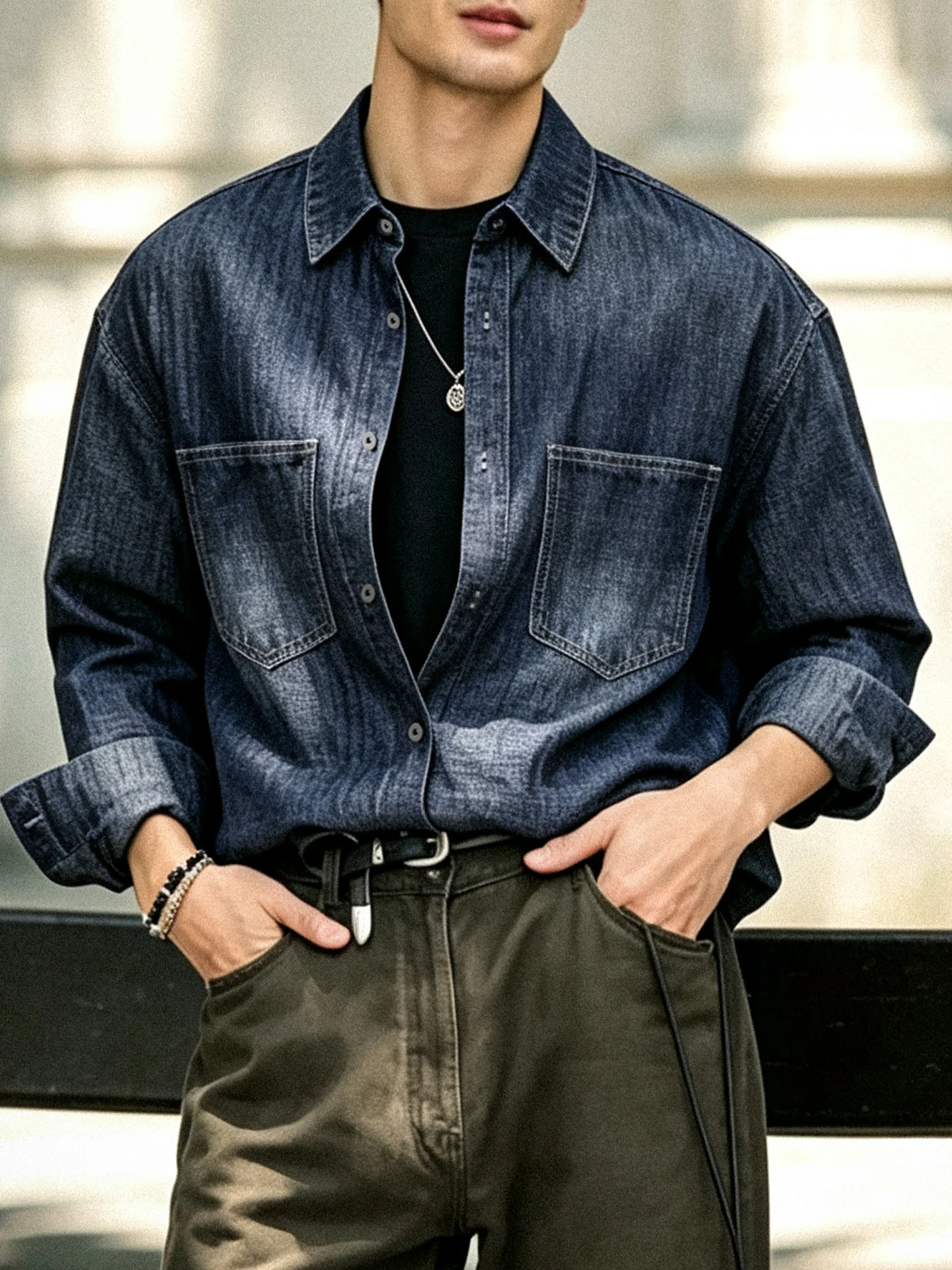 American Style Men's Denim Shirt Jacket Casual Long Sleeve Cotton Autumn Outerwear Comfortable Fit Classic  Color
