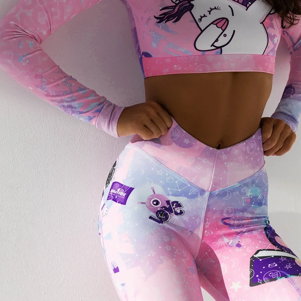 Sport Einhorn Druck Yoga Hüfte-hebe High-taille Leggings Set Gestaltung Gym Fitness Frauen Zwei Stück Kleidung Set laufen