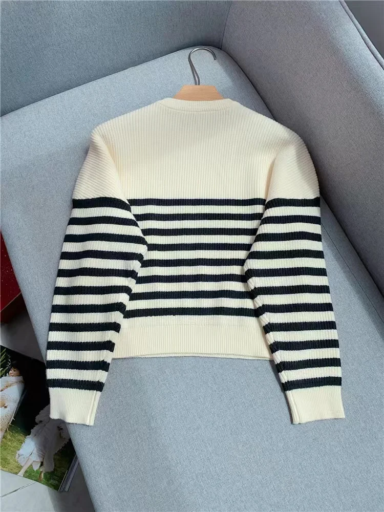 Autumn New Women Contrast Color Striped Knit Sweater Female O-Neck Long Sleeve Shoulder Buttons Elegant Pullover Tops ladies