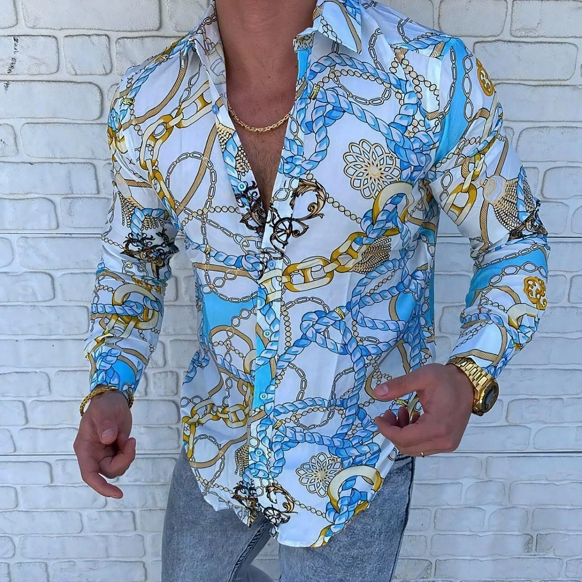 Long Sleeve Black Gold Shirt Old Money Style Graphic Shirts Men's Beach Style Hawaiian Casual Chain Skull Man Shirt