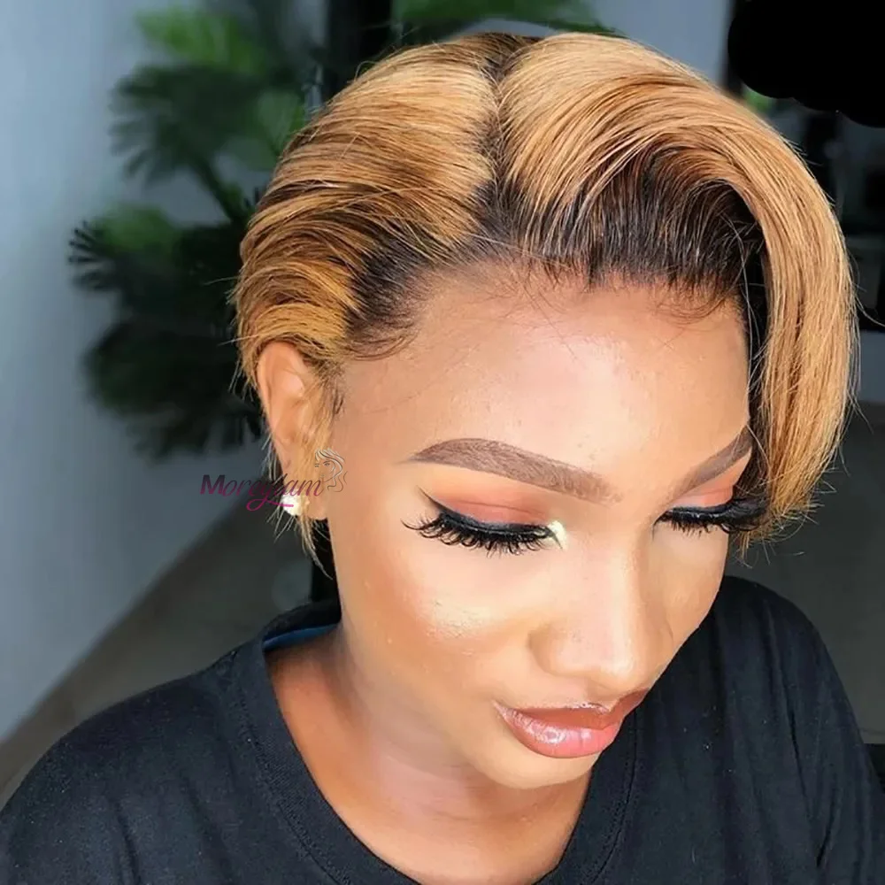 Braune Pixie-Cut Echthaarperücken für Frauen, Brasilianisches Blondes Ombre Kurzes Echthaar, Gerade Perücke mit Highlights, Vorgezupft – Detail 6