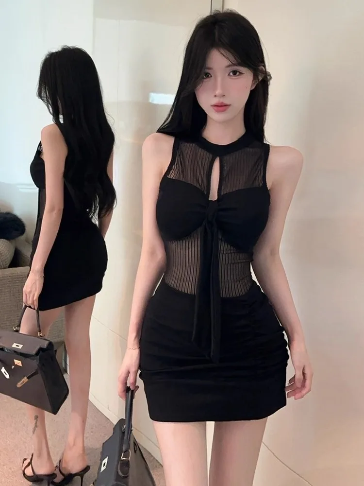 Foamlina rayé maille Patchwork robe sans manches femmes Sexy col rond découpé robe serrée bas enveloppé hanche robe fête Clubwear