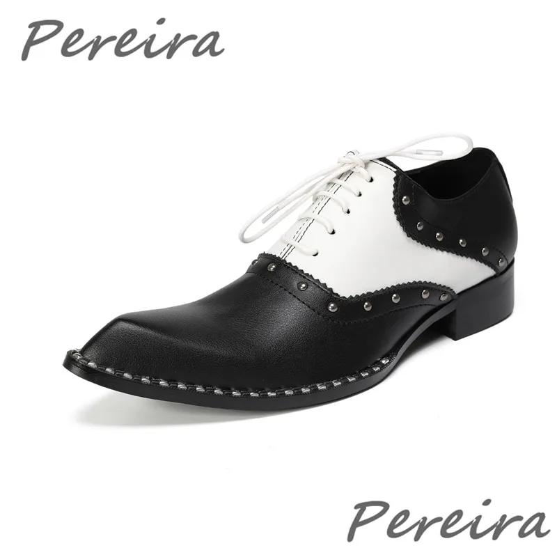 

Men's Black White Genuine Leather Oxfords Pointy Toe Cowhide Lace-Up Casual Business Shoes Summer Trendy Party Banquet Shoes
