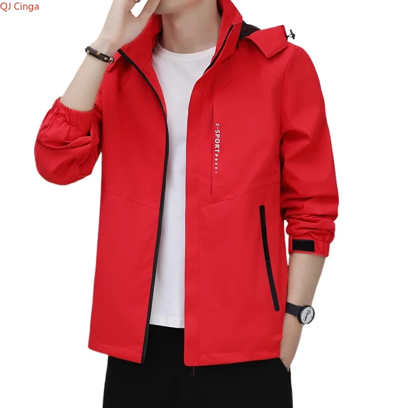 

2026 Spring Red Unisex Long-Sleeve Hooded Jacket, Available in Blue, Black, and Gray, The Hat Is Detachable Oversized Fit. L-8XL
